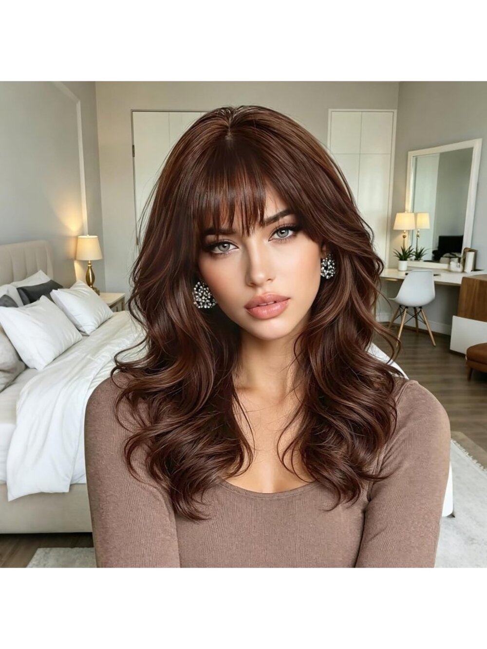 Women's Brown Natural Looking 18 Inch Classic Synthetic Layered Wavy Wigs